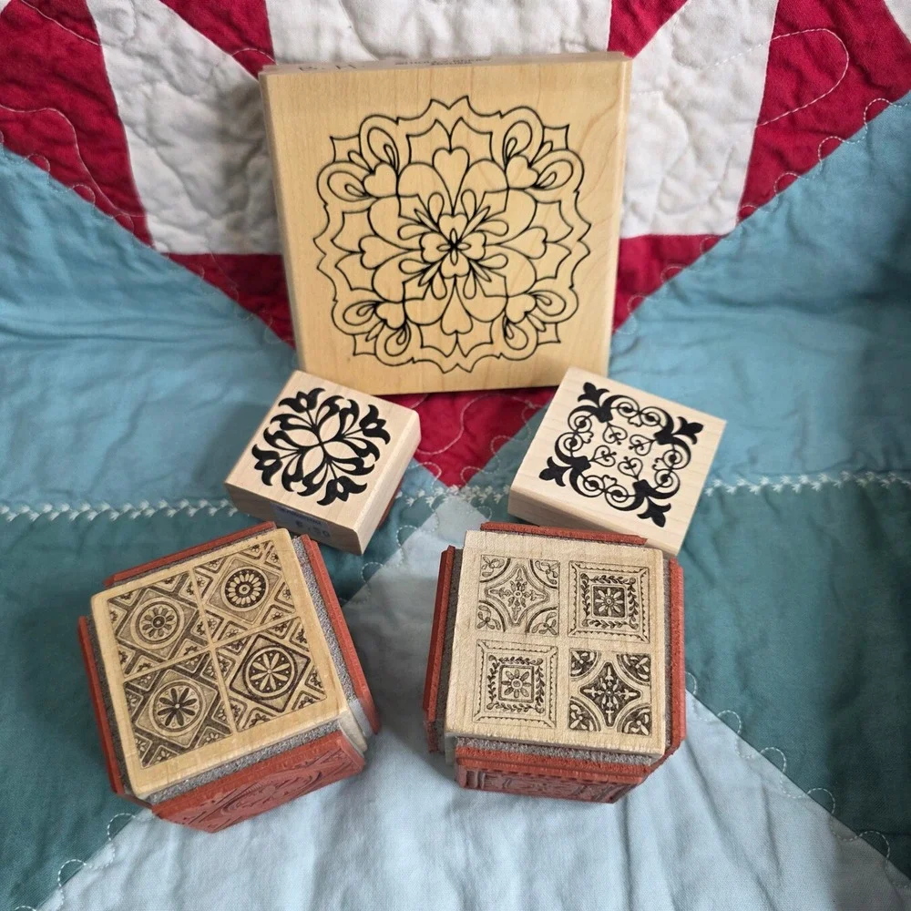 Impression Obsession Delft Cube Wood Mounted Rubber Stamp Lot 5pc Mandala Tile
